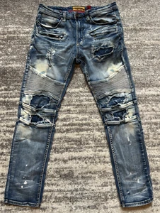 Makobi MK M1909 Men's Blue Distressed Denim Wash Moto Jeans Size 34x32 - Picture 1 of 24