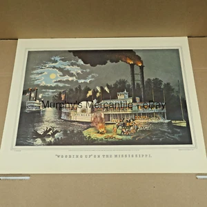 Litografía Wooding Up on the Mississippi años 50 Currier Ives reimpresión 12x15 pulgadas - Imagen 1 de 1