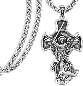 St Michael Necklace for Men 925 Sterling Silver Archangel Pendant Amulet 22"+2" - Picture 1 of 7