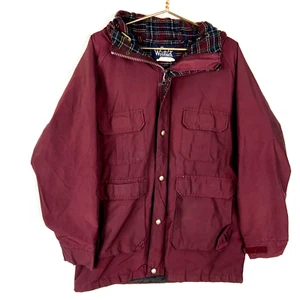 Vintage Woolrich Windbreaker Jacket Size Large Red Plaid Hooded Full Zip - Picture 1 of 7