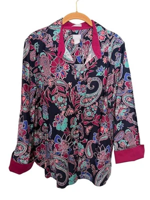 Camisa Blusa Chico's Abotonada Azul Marino con Púrpura Paisley Floral Mujer 3/XL Foto 1 de 4