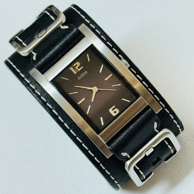 Vintage Guess Men's Tank Wide Cuff Watch Silver Brown Dial Black Leather G66391G - Image 1 of 4