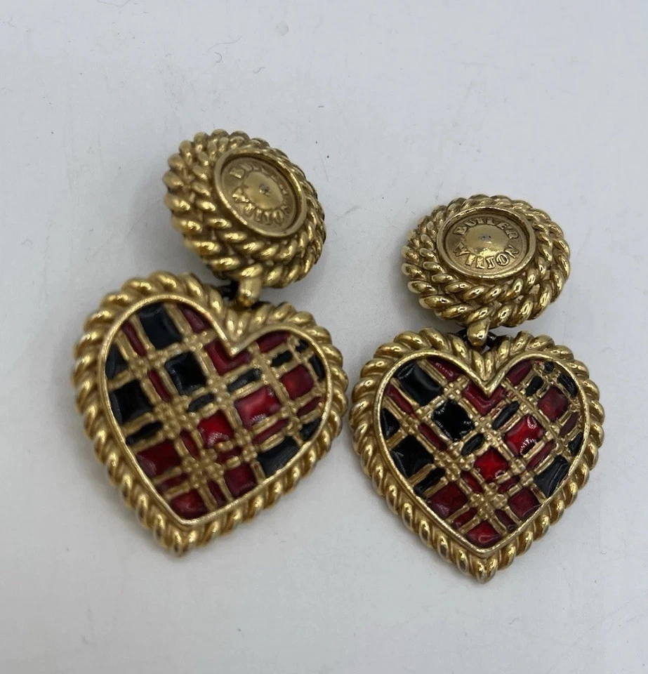 BUTLER & WILSON Tartan Heart Shape Drop 80’s Clip On Earrings — 第 1/4 张图片