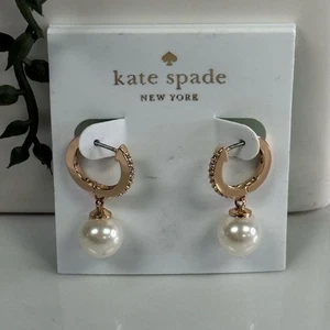 New Kate Spade Rose Gold Pearl Crystal Huggie Earrings - Picture 1 of 3