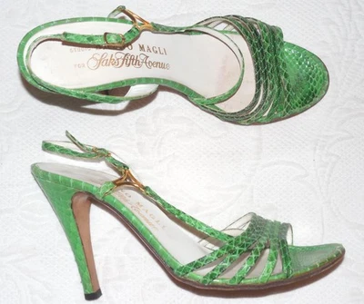Vintage BRUNO MAGI For Saks 5th Ave Green Snakeskin Slingback Heels Sandals 8 M - Image 1 of 4