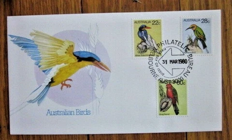 AUSTRALIA BIRDS KINGFISHER RAINBOW BIRD & KING PARROT 3 STAMP SET 1980 FDC Cover