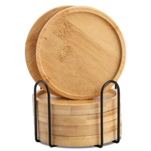 Set of 6 Bamboo Coasters Set with Holder for Coffee Table Drink Saucers Tabletop - Picture 1 of 6