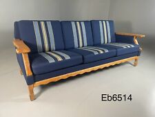 EB6514 Vintage Danish 3 Seat Sofa Blue Stripe Wool Oak Frame Retro MCM M3SS