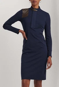 NWT Lauren Ralph Lauren Mock Neck Elbow Patch Faux Leather–Trim Sheath Dress M - Picture 1 of 11