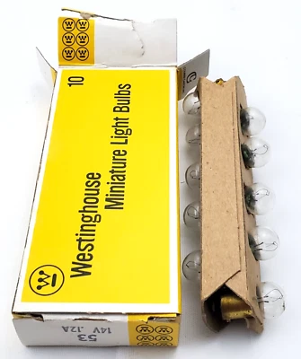 Box of 10 Westinghouse 53 Miniature Lamps 14 Volt .12A S.C. Bayonet Base - Image 1 of 4