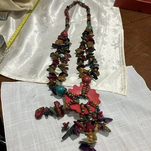 Chunky Wooden Beaded Necklace, LongColourful Boho Style Statement Piece - Picture 1 of 7