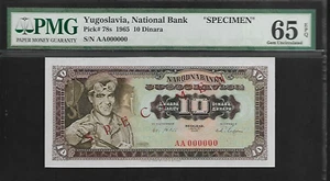 Yugoslavia Specimen 10  Dinara 1965 PMG 65 EPQ UNC  P#78s - Picture 1 of 4