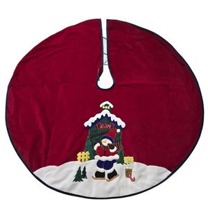 Vintage Snowman Christmas Tree Skirt Red Velvet Tie sides 48" Diameter Welcome - Picture 1 of 9