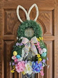 FLOWER EGGS EASTER BUNNY RABBIT SPRING SUMMER DOOR WALL WREATH HANDMADE BOW - Picture 1 of 3