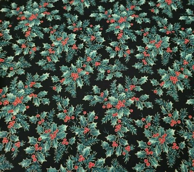 Treasured Traditions BTY QT Holly Red Berry Green Leaf Metallic Gold Black - Image 1 of 3