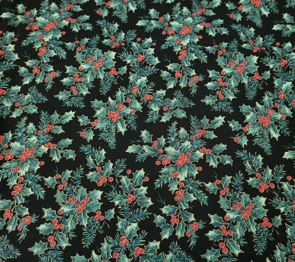 Treasured Traditions BTY QT Holly Red Berry Green Leaf Metallic Gold Black - Image 1 of 3