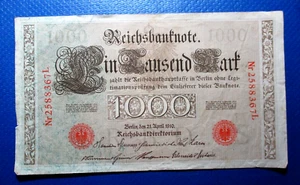 OLD BANKNOTE GERMAN EMPIRE 1000 REICHSMARK 1910 RED SEAL COAT OF ARMS Nr2588367L - Picture 1 of 3