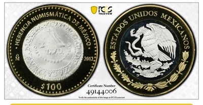 Mexico 100 pesos Numismatic Heritage Zacatecas 8R PL69 PCGS bimetal coin 2012 - Image 1 of 3