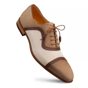 NEW Mezlan Dress Shoes Ayna Tri-Tone Summer Oxford Linen Leather Olive Off White - Picture 1 of 5