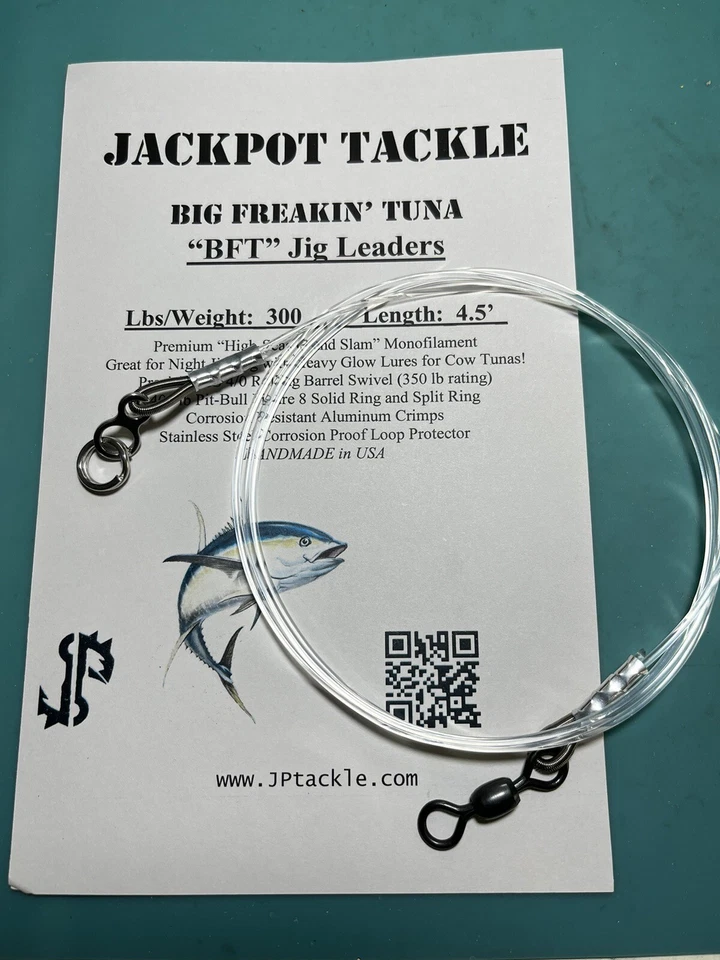 *2 PACK* of 300 LB 4.5’ BFT Big Freakin’ Tuna Knife Jig Fishing Leader Flat Fall - Image 1 of 4