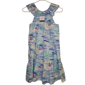 Vineyard Vines Dress Youth Girls XL 14-16 Sundress Blue Boats Palm Trees Cotton - Picture 1 of 7