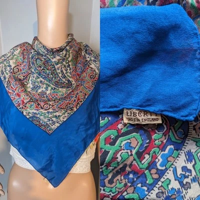 Liberty Antique Vintage Silk Crepe Paisley Royal Blue Bohemian Scarf 30s 40s 31" - Image 1 of 4