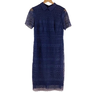 Laura Ashley Navy Blue Lace Short Sleeve Soft Collared Dress UK 12 - Picture 1 of 9