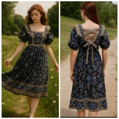 SEA New York Tess Navy Floral Puff Sleeve Open Back Smocked Midi Dress Women's 4 - Image 1 of 4