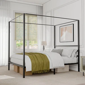 Metal Canopy Bed Frame Mattress Foundation w/Headboard Slat Support Queen Size - Picture 1 of 19
