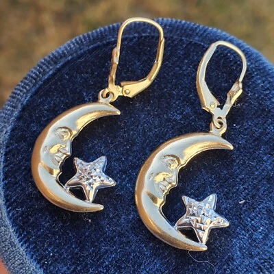 PENDIENTES LUNA Y ESTRELLA VINTAGE ORO AMARILLO Y BLANCO MACIZO CELESTE TALLA DIAMANTE Foto 1 de 4