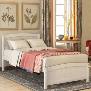 Wood Platform Bed with Headboard,Footboard and Wood Slat Support, White - Picture 1 of 9