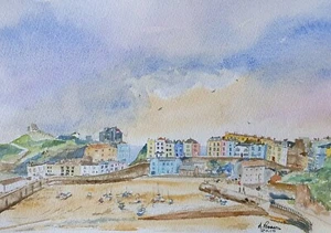 Tenby Harbour Seafront Original Framed Watercolour Painting Seascape - Picture 1 of 7