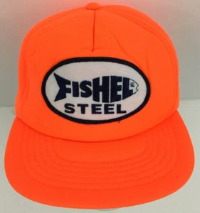 Vtg Fishel Steel Hat Patch Logo Foam Lined Cap Snap Back Trucker Baseball Orange - Picture 1 of 12