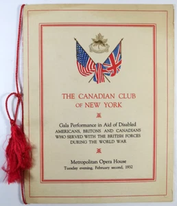 Programa vintage del Club Canadiense de Nueva York estadounidenses discapacitados Primera Guerra Mundial 1932 - Imagen 1 de 7