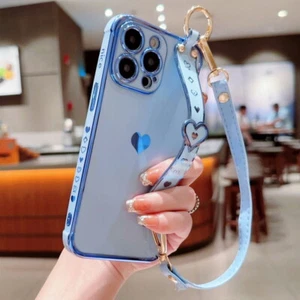 For iPhone 15 14 13 12 Pro Max 11 Heart Shockproof Hand Strap Hybrid Case Cover - Picture 1 of 16