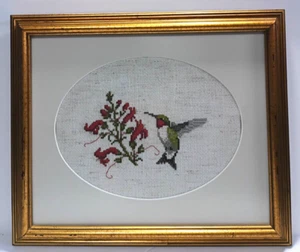 Counted Cross Stitch Hummingbird Picture Framed & Matted 12.5" x 10.5" Vintage - Picture 1 of 4