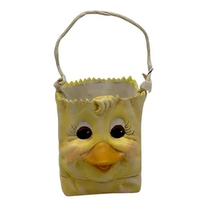 Vintage Hand Painted Yellow Easter Chick Face Ceramic Basket Vase With Handle - Picture 1 of 10