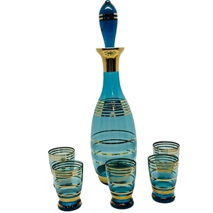 Czech Bohemian Decanter Set w/ 5 Cordial Glasses Aqua Gold Trim Glass (Read) - Picture 1 of 10