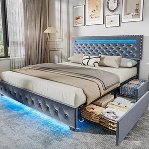 King Size Bed Frame with LED Lights, Velvet Upholstered Platform King Bed Fra... - Picture 1 of 6