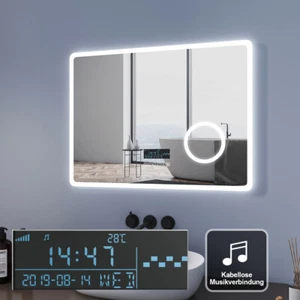 LED Badspiegel 80X60 mit BLUETOOTH UHR Beleuchtung Make up Spiegel Beschlagfrei - Bild 1 von 12
