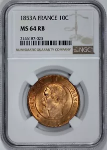 1853-A France 10 Centimes NGC MS 64 RB Looks Red - Picture 1 of 4