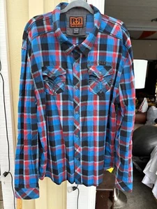 Rock Revival Men's Plaid Button Up Embroidered Blue Long Sleeve Collar Shirt 3XL - Picture 1 of 10