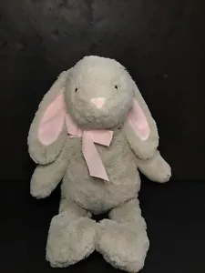 PBK Pottery Barn Kids Plush Tan Gray Bunny Rabbit Pink Ears Nose Ribbon Bow 16” - Picture 1 of 6