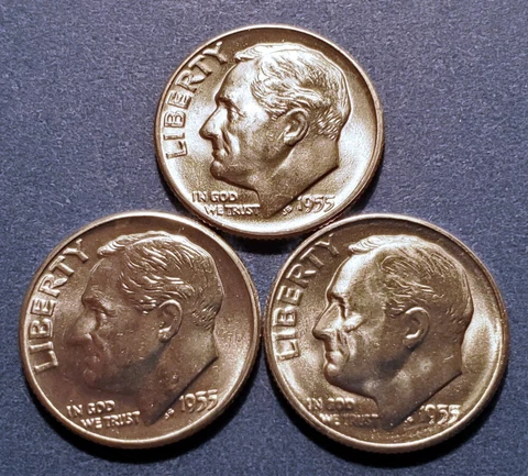 1955 P D S Roosevelt Dimes Brilliant Uncirculated from original BU rolls Cover