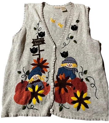 复古 Bobbie Brooks 秋季毛衣背心南瓜布贴稻草人黑鸟 L — 第 1/4 张图片