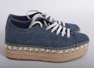 Miu Mujer Azul Zapatillas Vaqueros Tela Cristal Cordones Cuña Alpargatas Eu 37 - Imagen 1 de 4