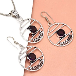 Set Amethyst Pendant Earrings Girls  Earring Necklace Sterling - Picture 1 of 9