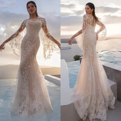 Elegant Mermaid Wedding Dresses O-Neck Flare Sleeves Full Lace Appliques Bridal - Image 1 of 4
