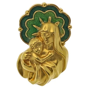 Vintage Virgin Mary Baby Jesus Pin Madonna and Child Brooch Green Enamel Avon - Picture 1 of 2