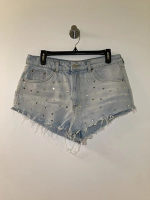 Pantalones Cortos de Jean Topshop Moto Kiri Corte Para Mujer Talla 10 Plata Corazón Tachuelas Foto 1 de 4
